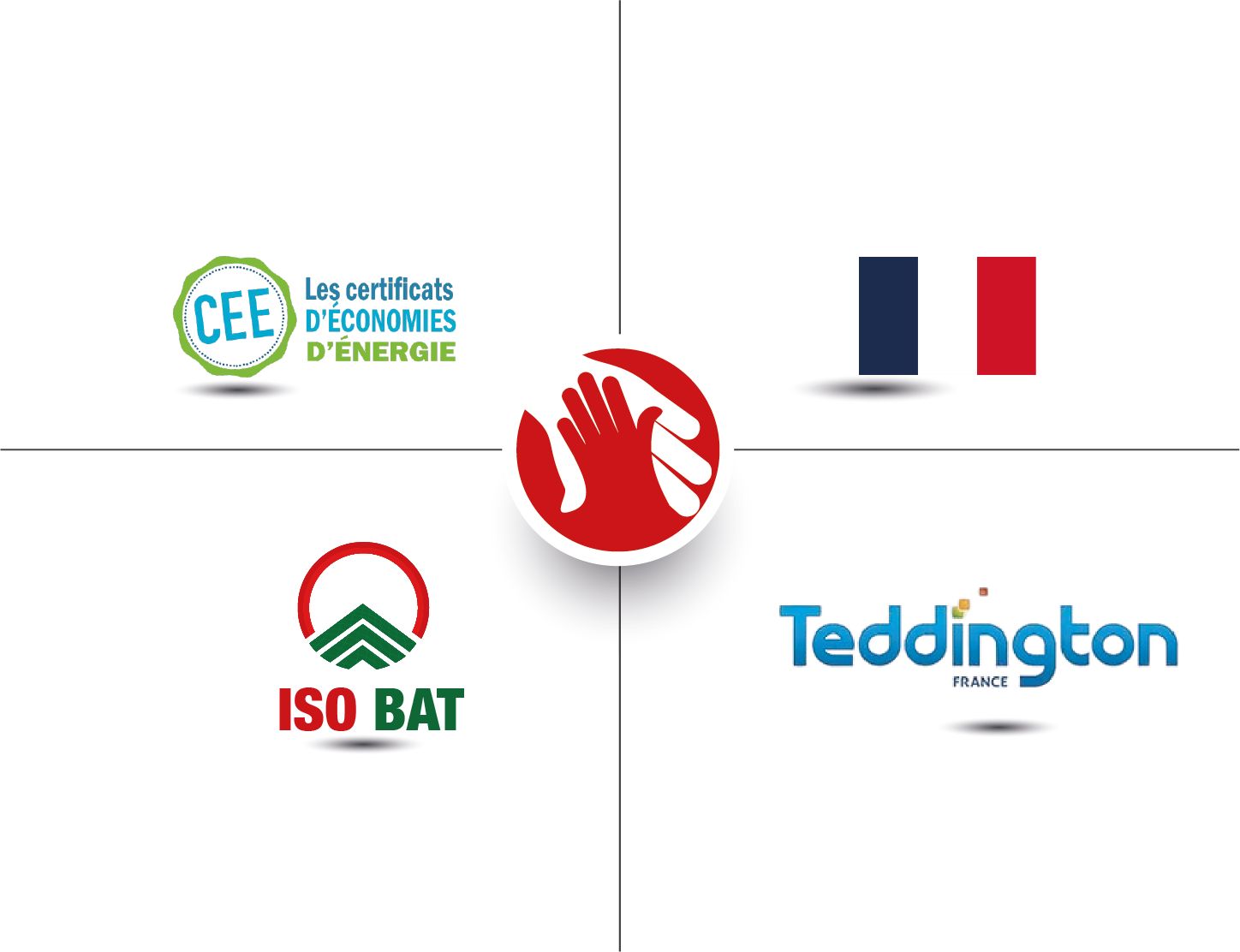 Logos de ISOBAT et Teddington France, accompagnés des symboles de la France et du dispositif CEE, représentant un partenariat pour l’efficacité énergétique.